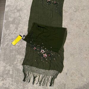 Sue Wong Silk Scarf Shawl Large Army Green Olive Brown Gold Lace Hand Beaded #4